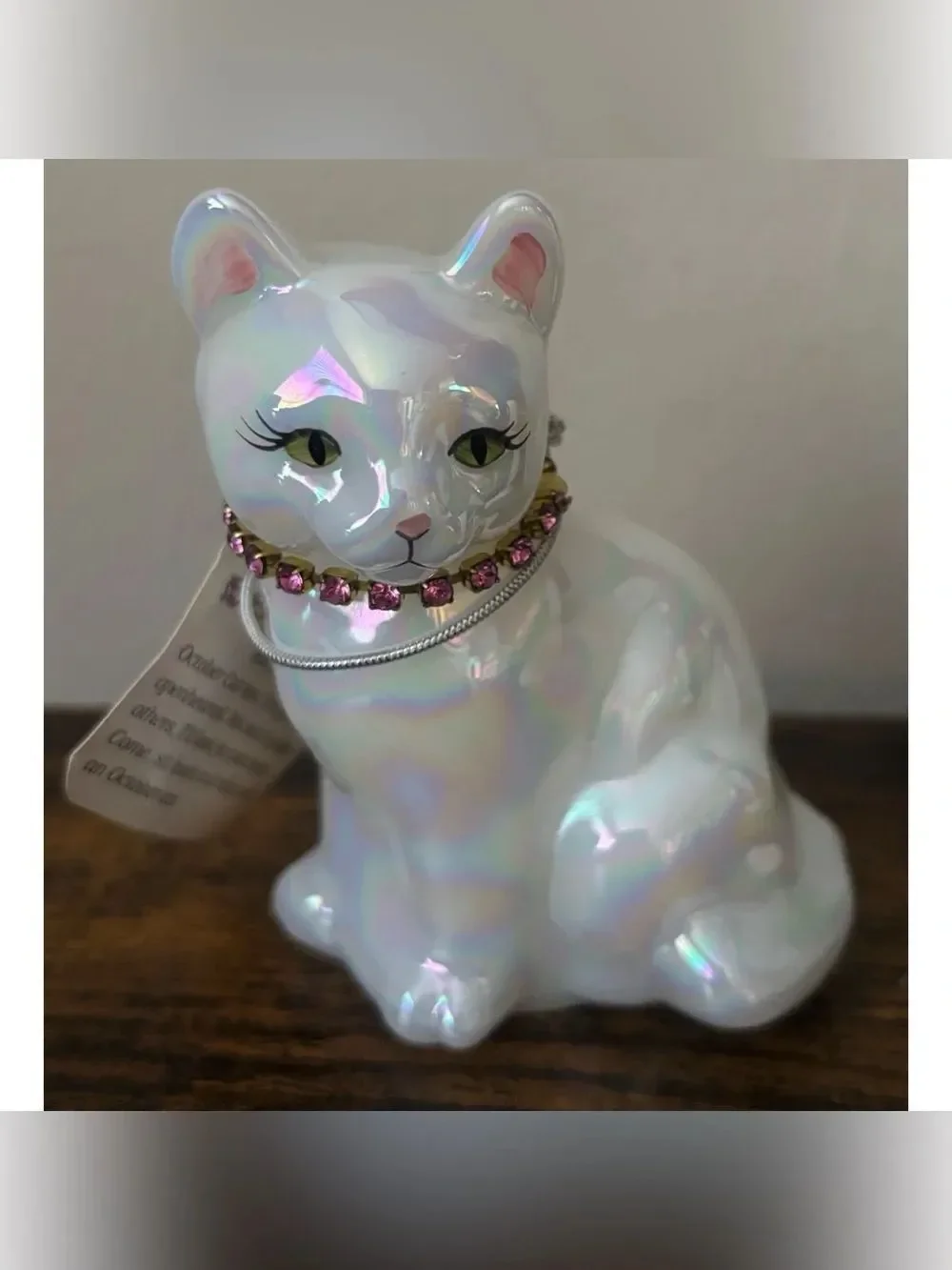 Vintage Fenton Opal Iridescent October Cat ~ Rose Zircon - UV Glow - Marked